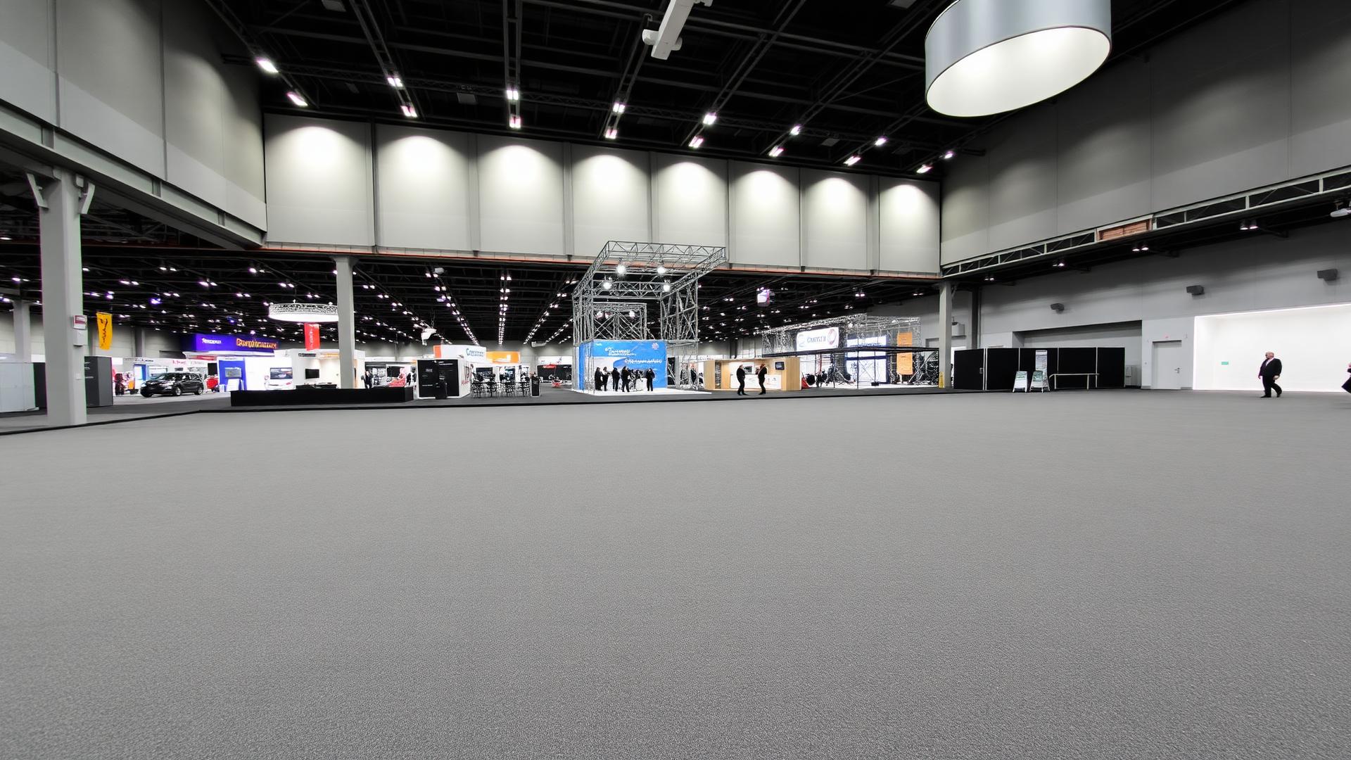 Mässhall med grå nålfiltsmatta